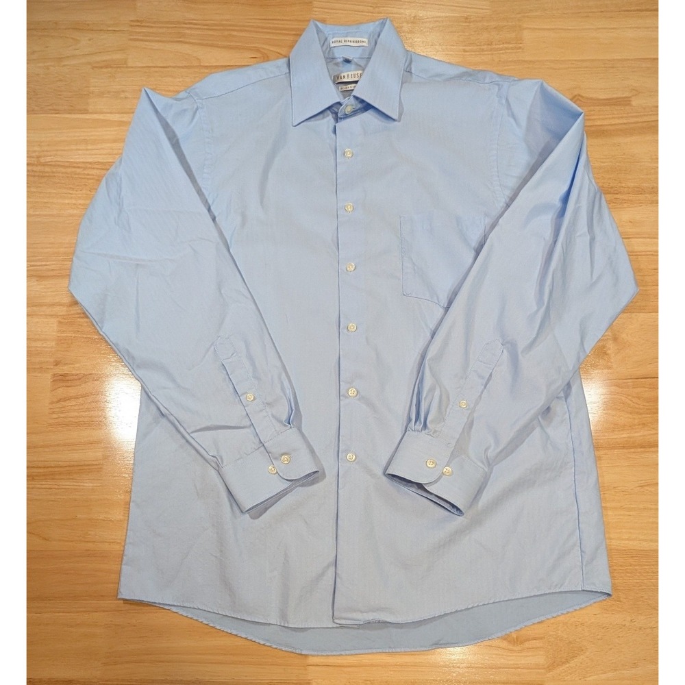 Van Heusen Mens Royal Herringbone Dress Shirt Light Blue Classic Fit 16 34/35
